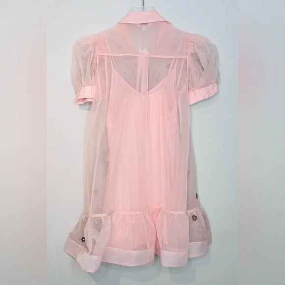 Anthropologie Maeve Pink Sheer Beaded Embroidered Short Sleeve Mini Dress NWT - Picture 5 of 15